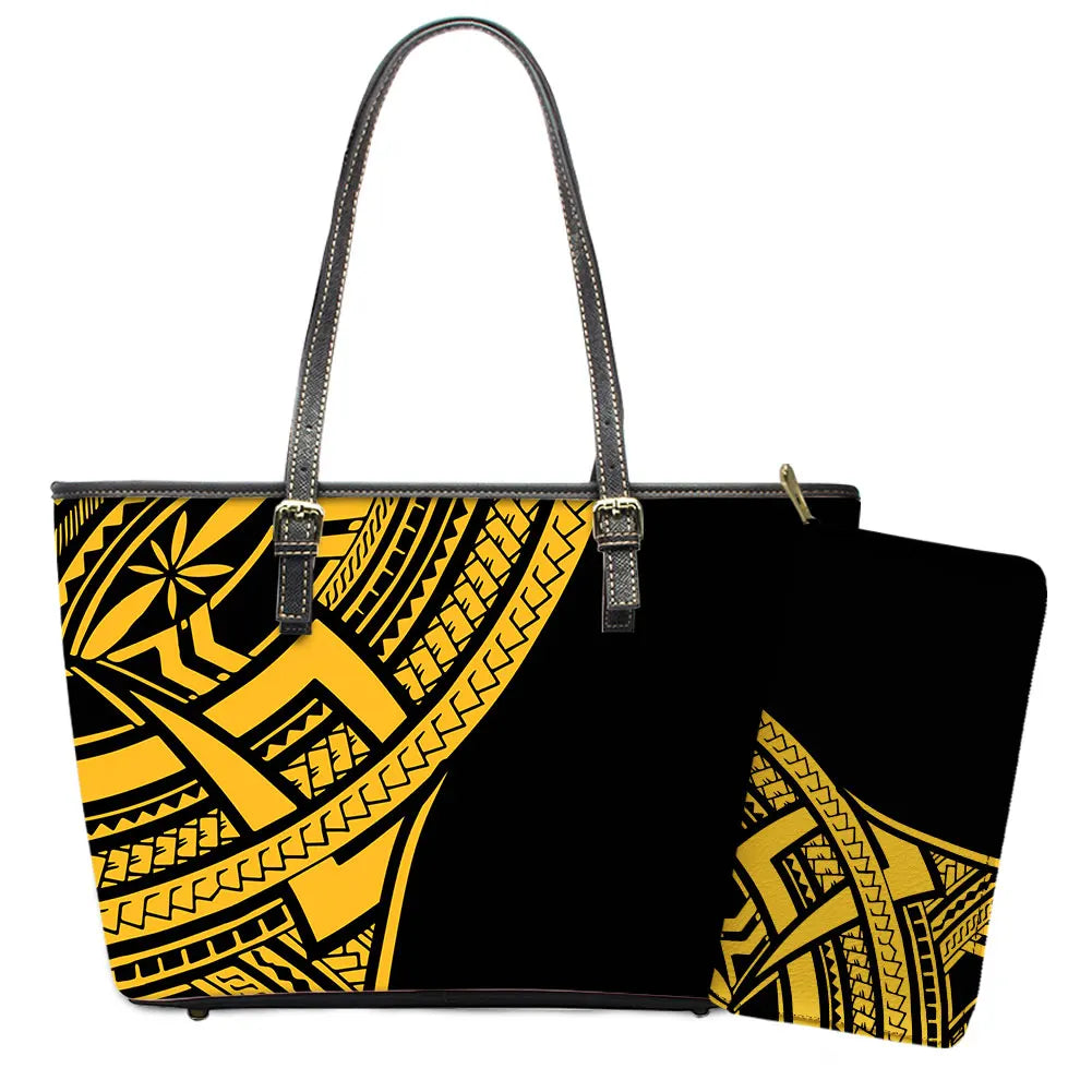 Elegant Polynesian Tribal Hawaii Tropical Leather Purses with Zipper Wallet Luxury Ladies Tote Bag Custom Women's Shoulder Bag