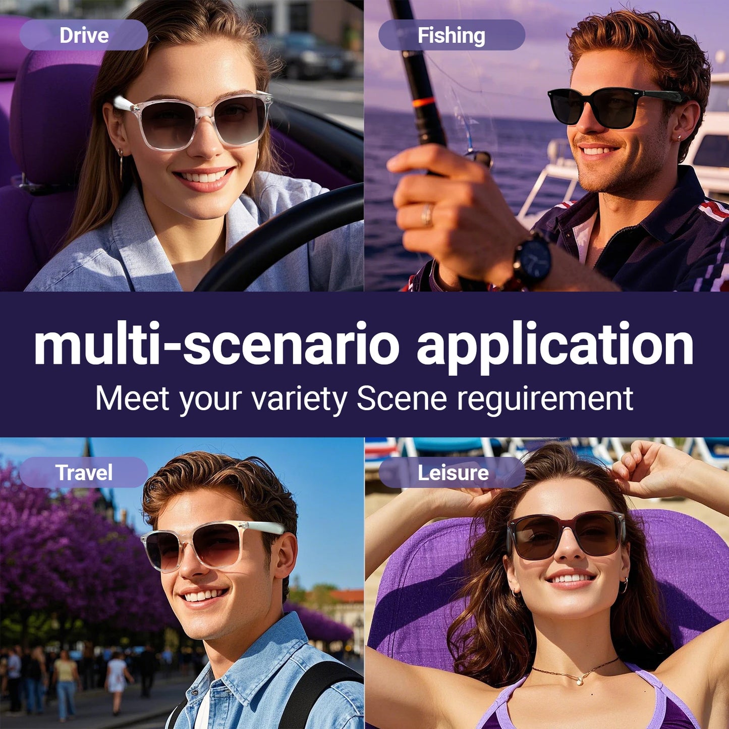 SENBONO GY500 HiFi Stereo Wireless Headphones Smart Glasses Translator UV Protection for Travel Outdoor Sports AI Sunglasses