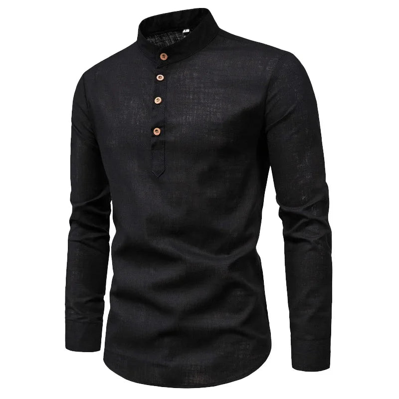 DAN Slim Solid Color Long Sleeve Business Shirt Half-Open with Standing Collar Cotton Linen  Autumn K93K1-01-10