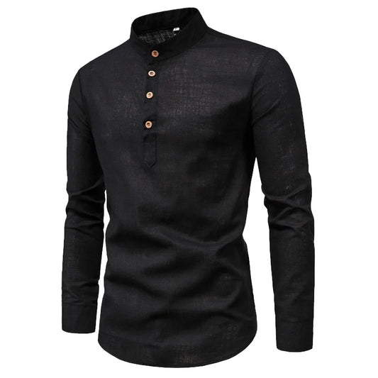DAN Slim Solid Color Long Sleeve Business Shirt Half-Open with Standing Collar Cotton Linen  Autumn K93K1-01-10