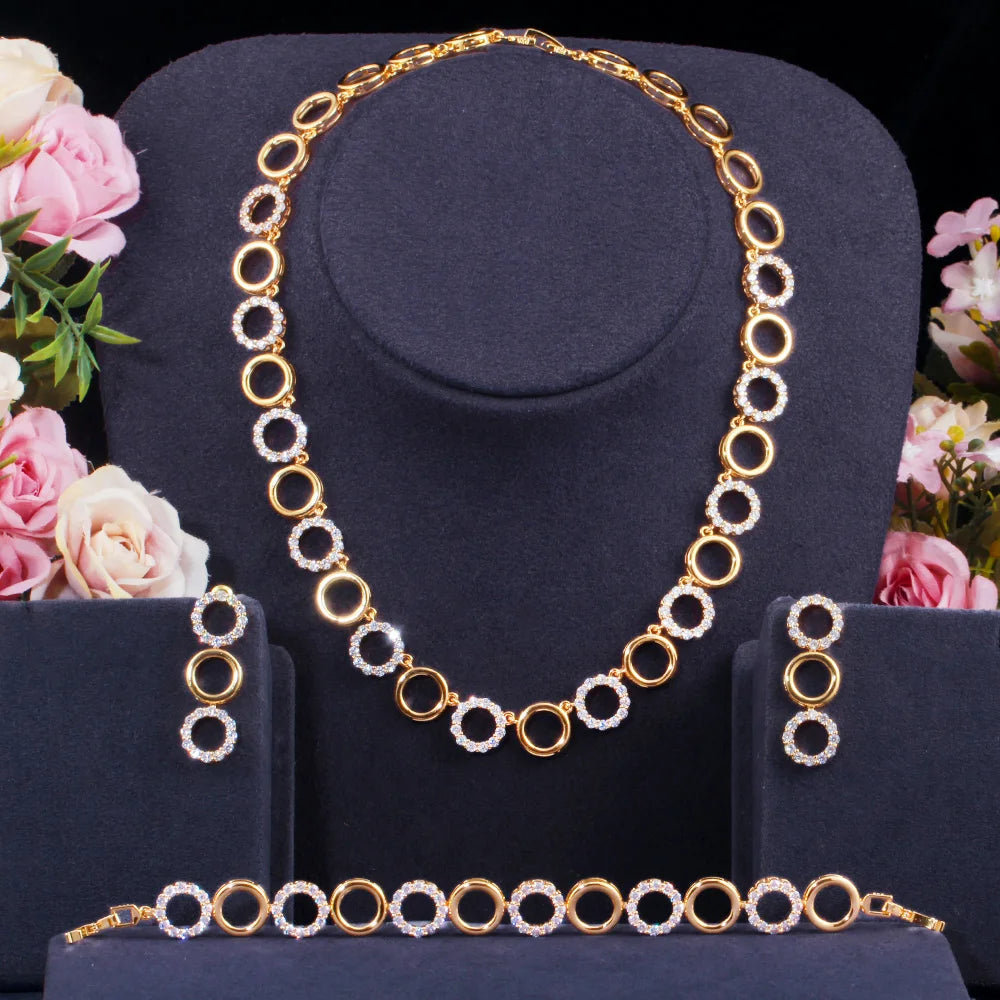 ThreeGraces 3Pcs Gorgeous CZ Gold Color Circle Link Chain Bracelet Necklace Earrings Jewelry Set Women Party Accessories TZ596