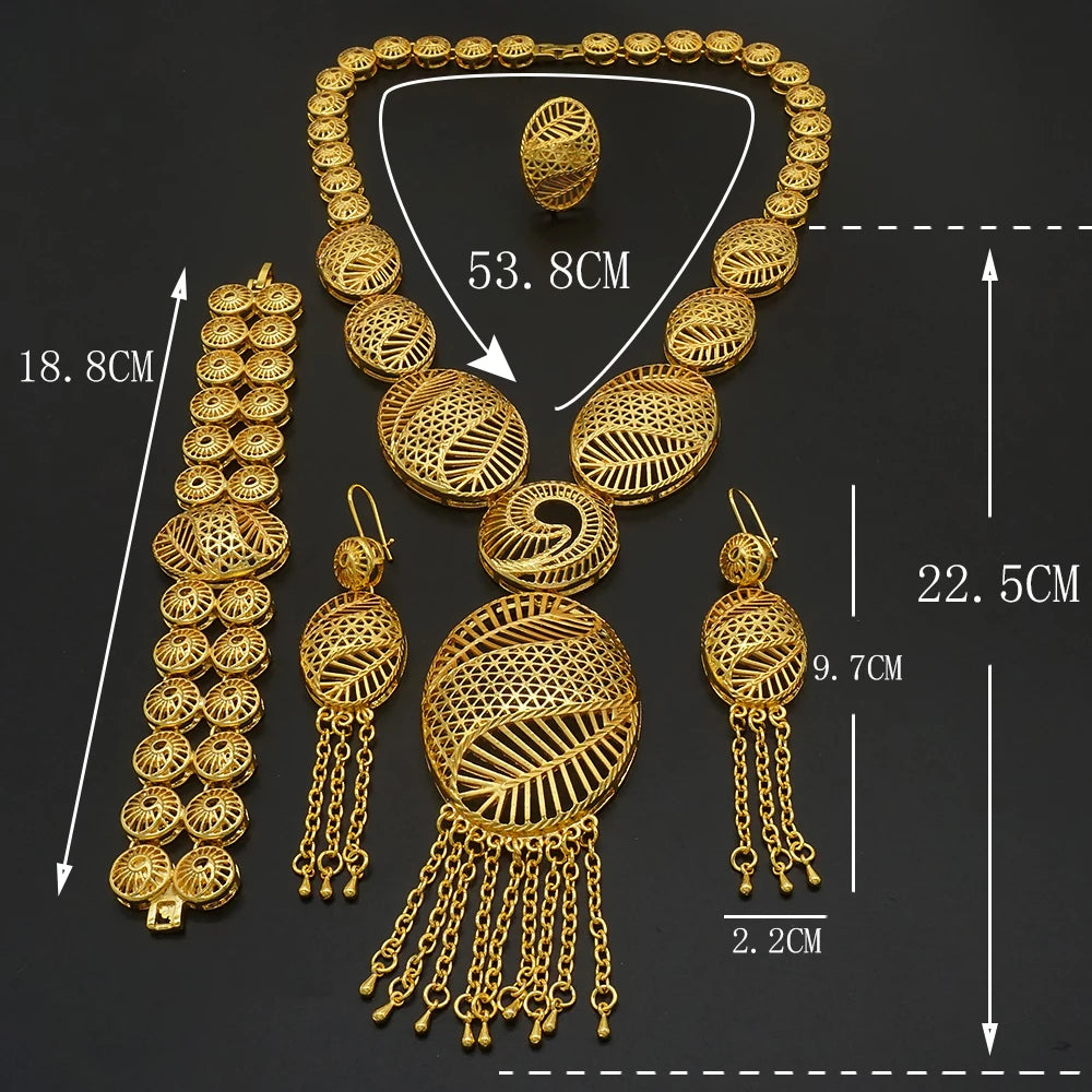 African Gold Color Long Necklace/Earrings/Ring Big Jewelry Set Women Arab Jewelry Wedding Accessories