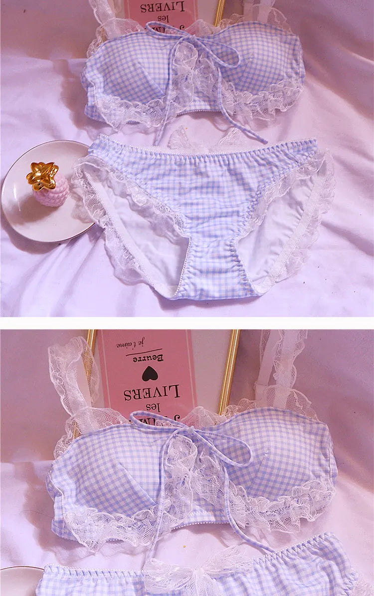 Girl Sweet Cute Wire Free Comfortable Bra Set Animie Lolita Women Underwear Suit Sexy Lace Plaid Kawaii Bra and Panty Set