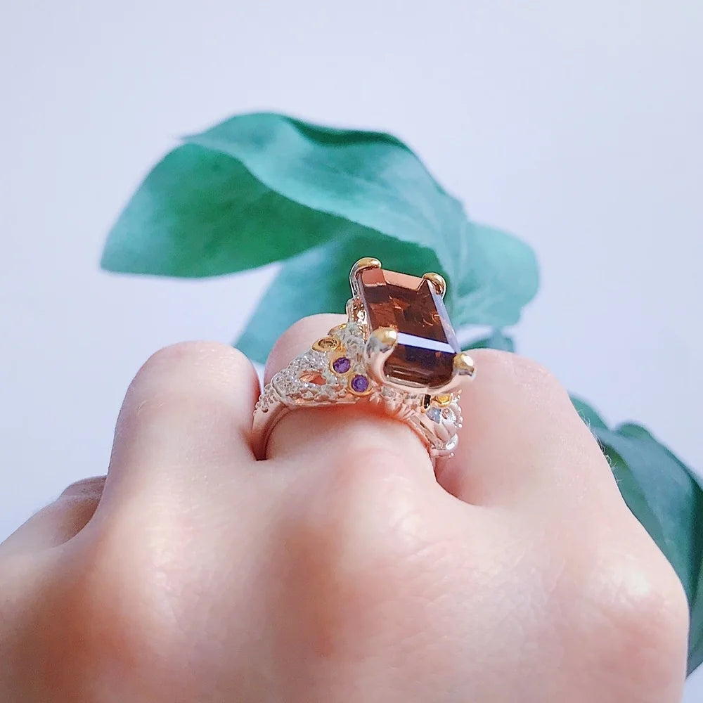 DreamCarnival1989 Crown Design Wedding Ring for Women Two-Tone Sparkling Brown Zirconia Elegant Factory Direct WA11715