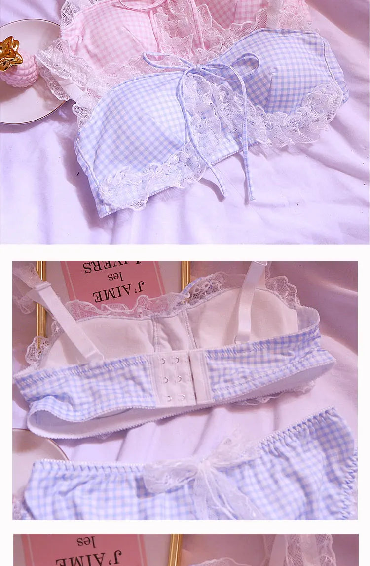 Girl Sweet Cute Wire Free Comfortable Bra Set Animie Lolita Women Underwear Suit Sexy Lace Plaid Kawaii Bra and Panty Set