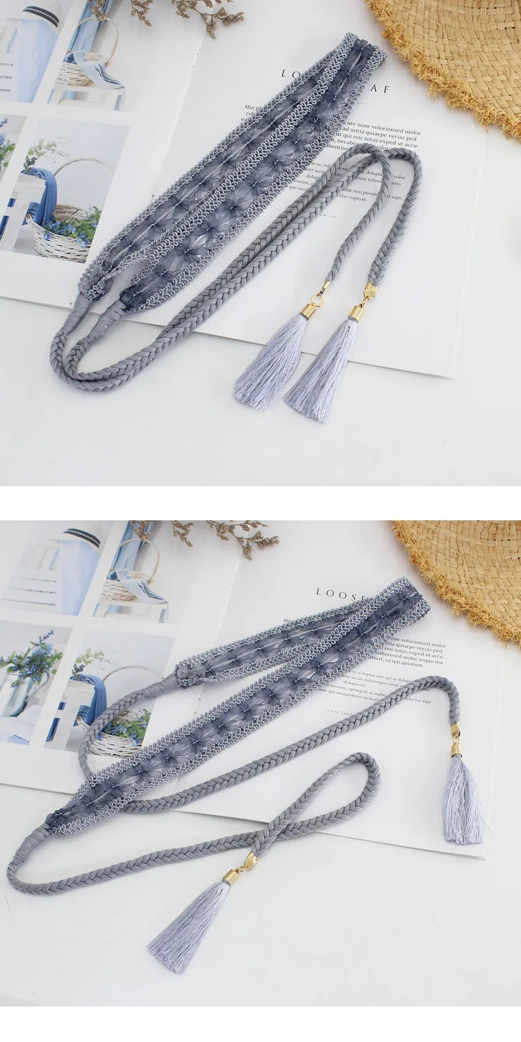 New Women Woven Tassel Belt Braided Waistband Boho Girls Thin Waist Rope Knitted Waist Belts for Dress Waistbands Accessories