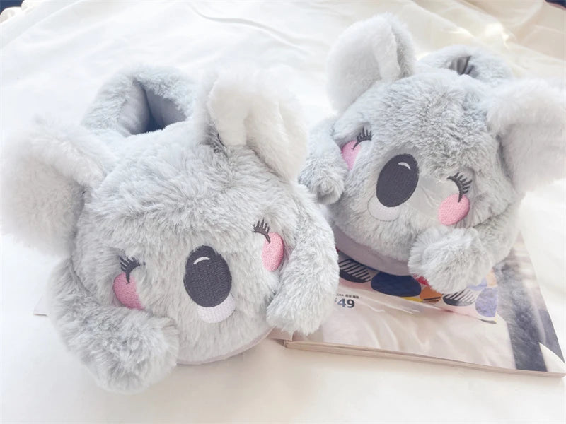 Cartoon Slippers Cute Koala Shape Home Cotton Shoes Woman Girl Warm Winter Indoor Shoes Flat Casual  Floor Non-slip Pink Grey