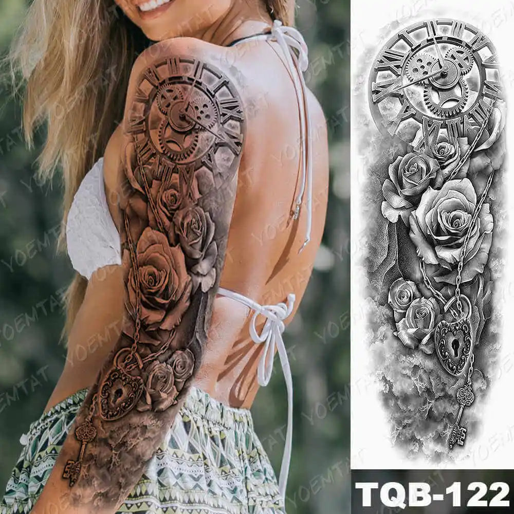 Large Arm Sleeve Tattoo Forest Angel Wolf Lion Waterproof Temporary Tatto Sticker Crown Skull Body Art Full Fake Tatoo Women Men