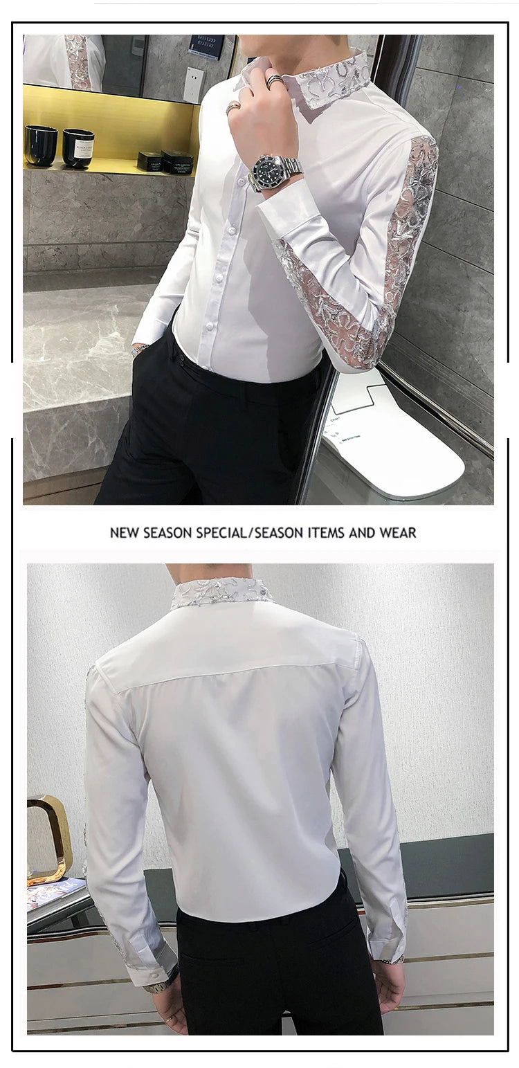 Chemise Homme Fashion Sexy Lace Long Sleeve Elegant Shirts For Men Clothing Slim Fit Casual Men's Social Shirt Tuxedo Big Size
