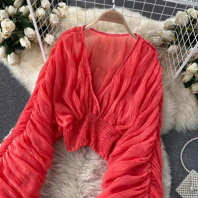Summer Sexy Draped Chiffon Blouse For Women Elegant V-Neck Puff Long Sleeve Short Tops Female Slim Party Shirts 2022 New Fashion