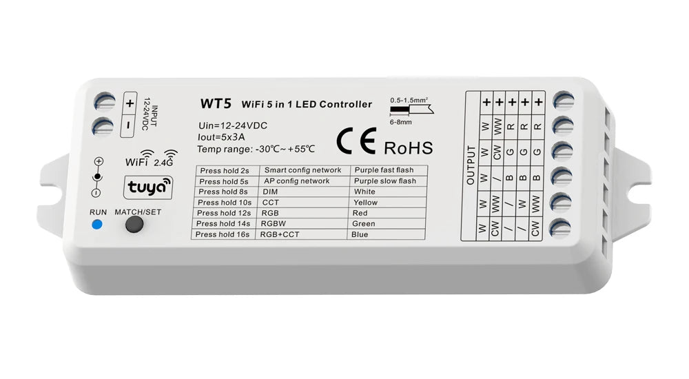MJJC Tuya Smart Life LED RGBCCT Controller DC 12V 24V 5 in 1 Dimmer 2.4G RF Wireless Remote LED Strip Light work with Alice WT5