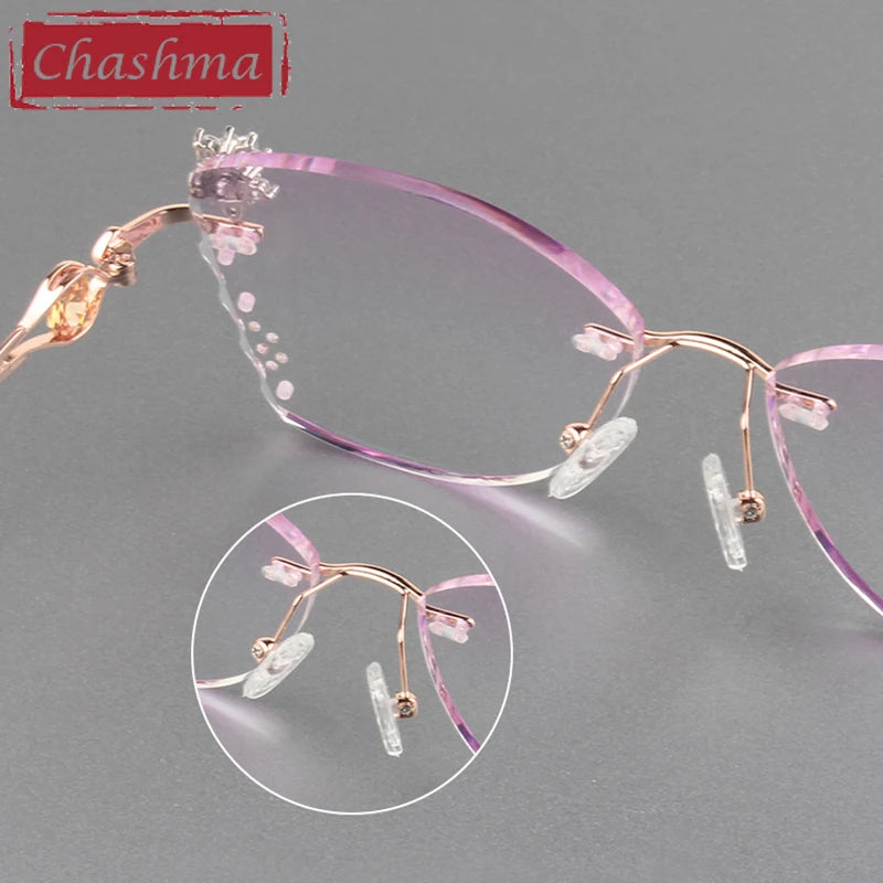 Butterfly Female Eye Glasses Titanium Gray Red Lens Diamond Trimmed Rimless Spectacle Frames Women Sunglasses Tint Lenses