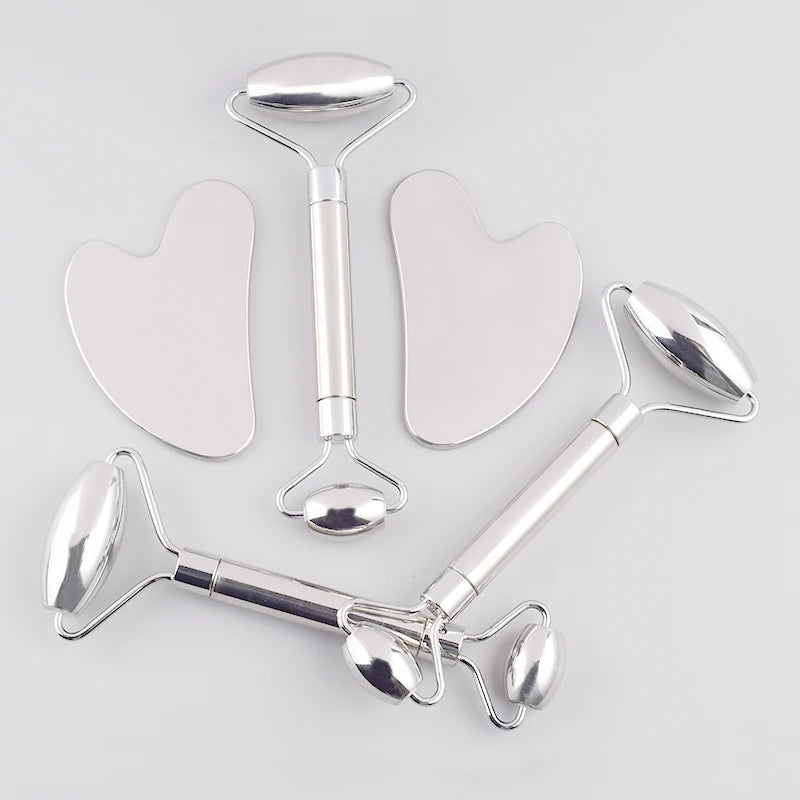 Stainless Steel Face Care Massager Facial Roller Gua Sha Tool Set Massage Neck Beauty Health Anti Wrinkle Cellulite Skin Detox