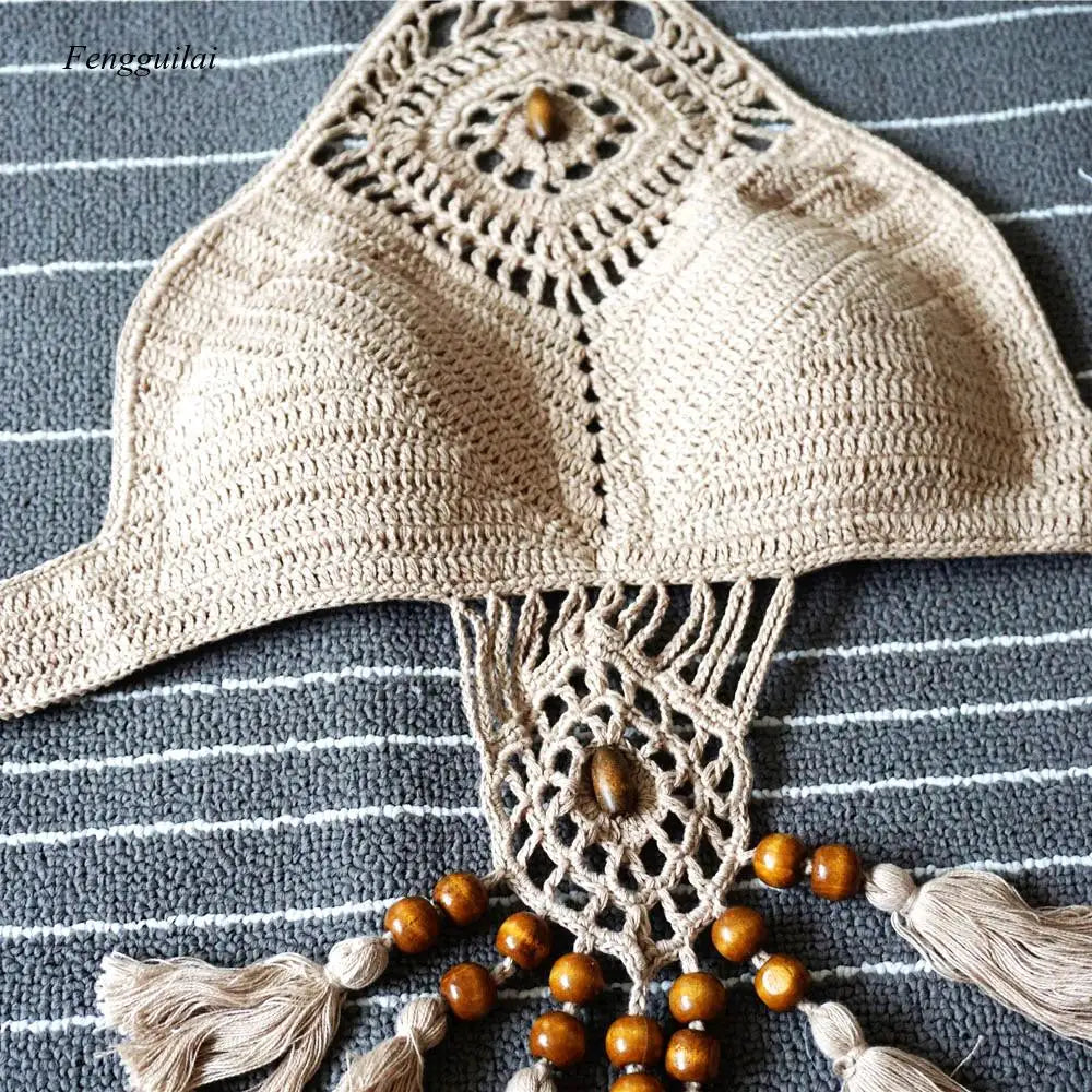Bikini 2024 Knitting Swimsuit Crochet Bohemia Style Off Shoulder High Neck Bathing Beach Handmade Crochet