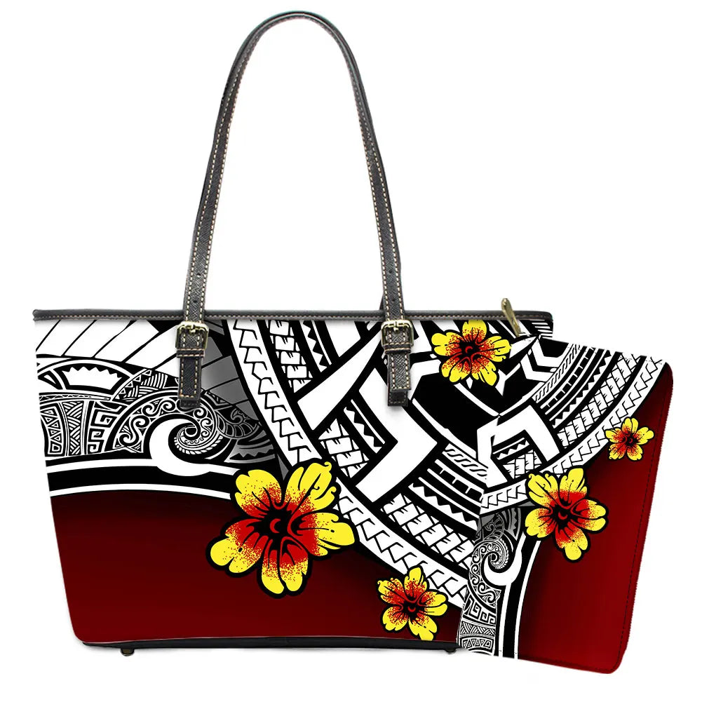 Elegant Polynesian Tribal Hawaii Tropical Leather Purses with Zipper Wallet Luxury Ladies Tote Bag Custom Women's Shoulder Bag