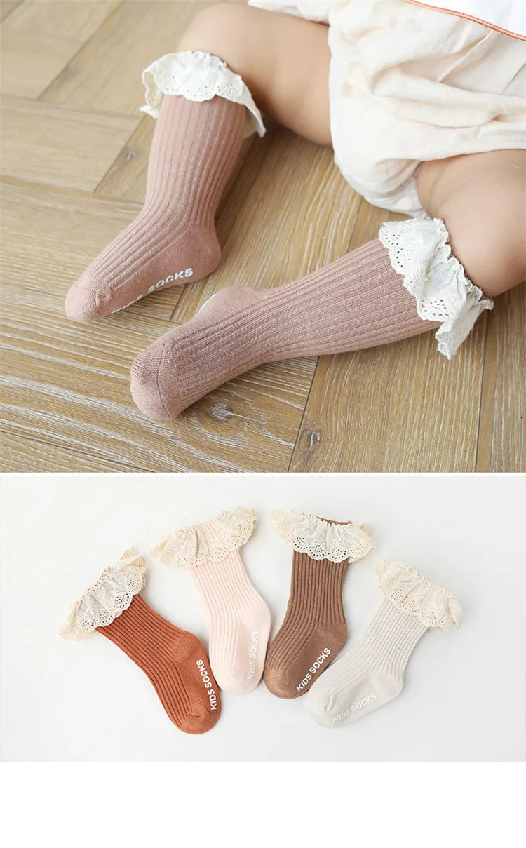 Lawadka Newborn Baby Girl Socks Lace Baby Knee Socks Anti Slip Cotton Socks for Girls Princess Long Autumn Winter Stockings 0-3T