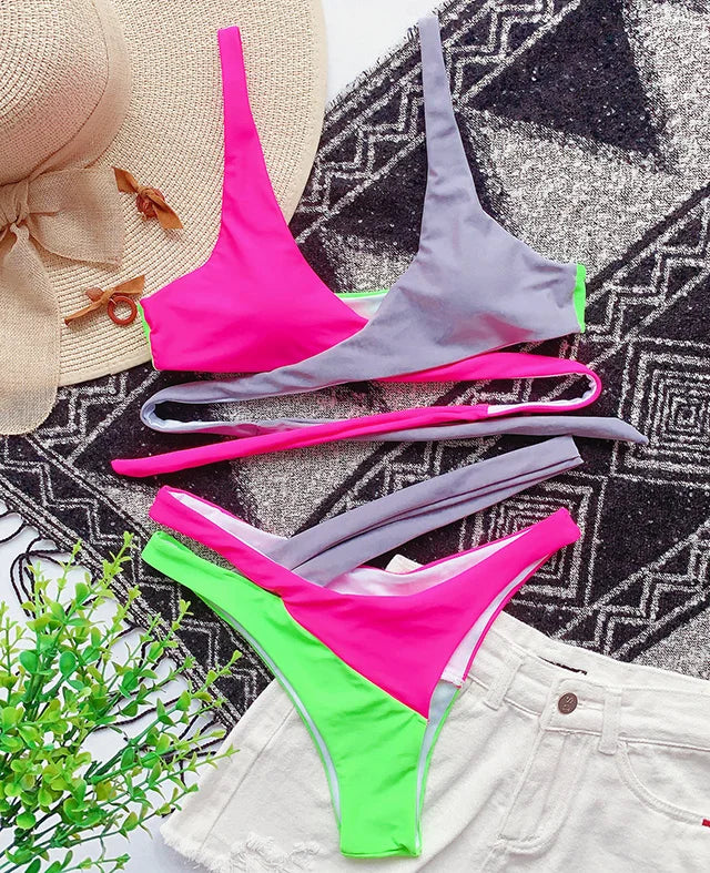 Sexy Splicing Cross Bandage Thong Bikini Female Swimsuit Women Swimwear Two Pieces Bikini Set Bathing Suit Swim Beach Wear Lady