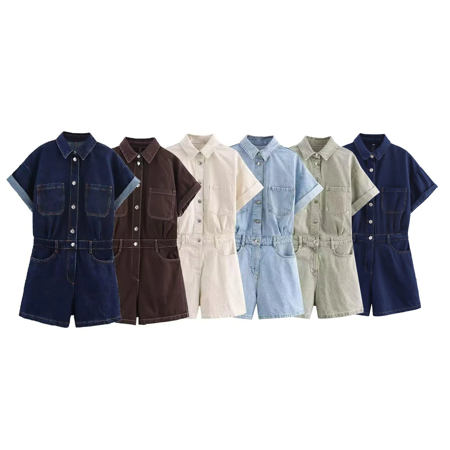 KP&ZA Vintage Summer Women's Casual Slim Denim Overalls Washed Technique Waist Solid 1879039 Rolled Sleeve Lapel Button