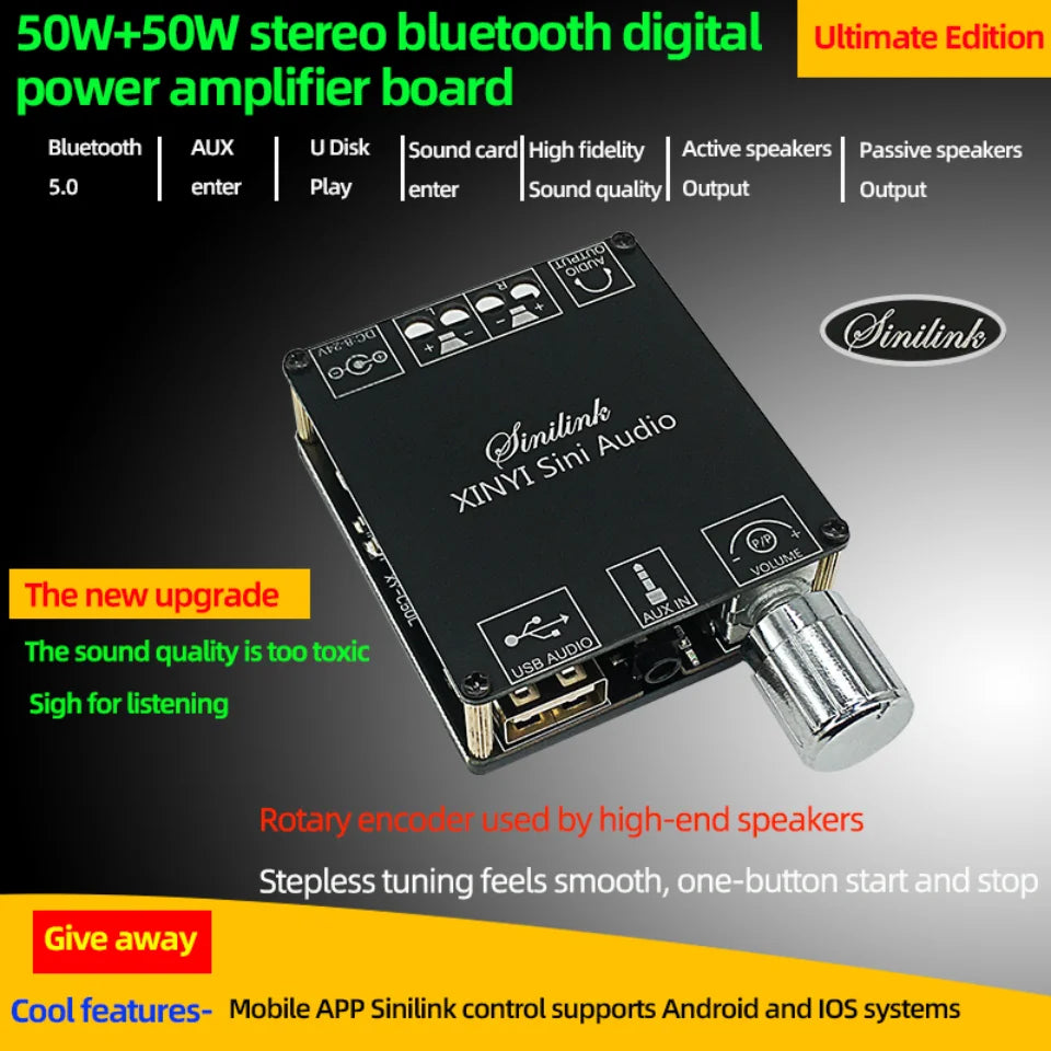 2*50W Bluetooth 5.0 Power Amplifier Class D Audio 10W~200W HiFi Stereo Wireless Music Player Mini USB Sound Card App Digital AMP