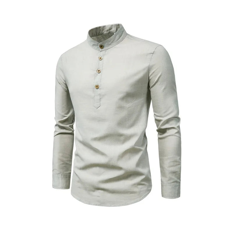 DAN Slim Solid Color Long Sleeve Business Shirt Half-Open with Standing Collar Cotton Linen  Autumn K93K1-01-10