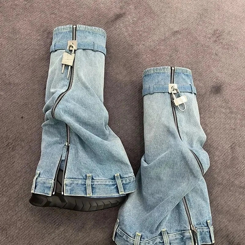 Platform Botas Alto Height Increasing Zipper Lock Decorated Cut Pants Jeans Denim Boots for Woman