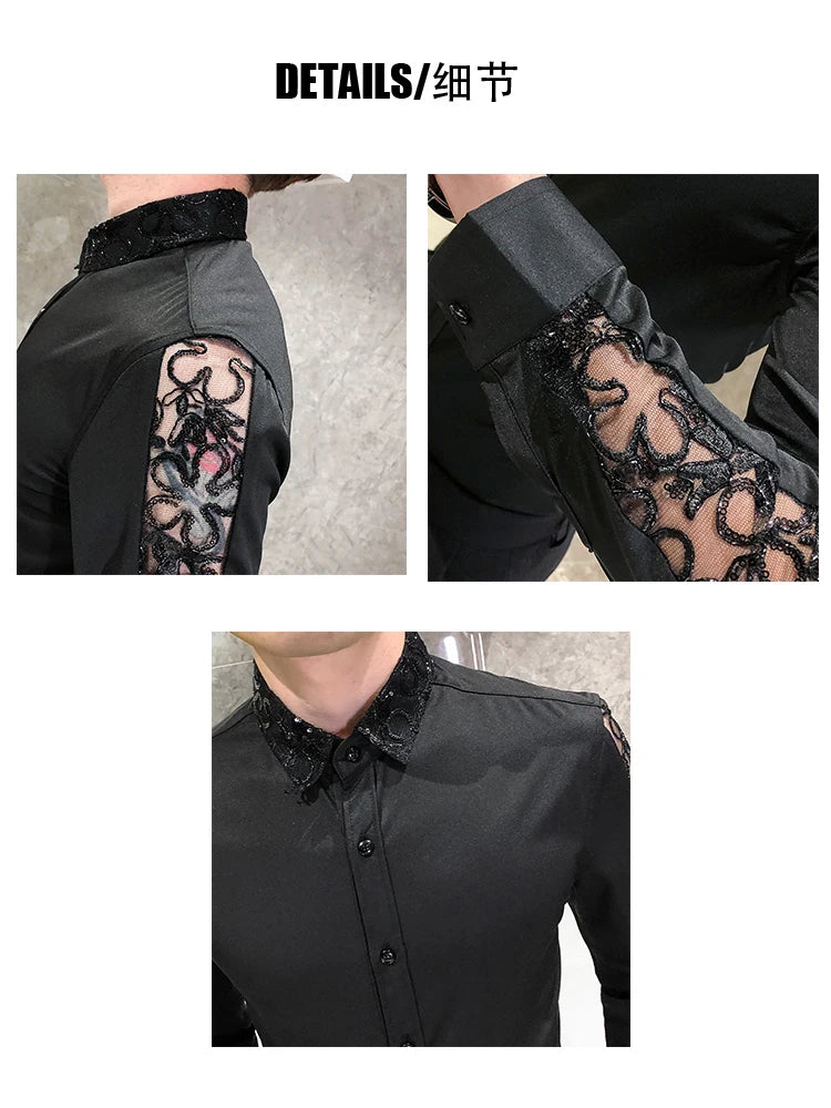 Chemise Homme Fashion Sexy Lace Long Sleeve Elegant Shirts For Men Clothing Slim Fit Casual Men's Social Shirt Tuxedo Big Size