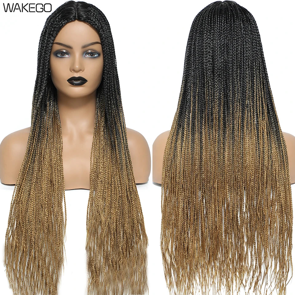 Wakego 26 Inch Ombre Box Braided Wigs For Black Women Braided Wig Fake Scalp Heat Resistant Braiding Hair Wig Peruca Sintetica