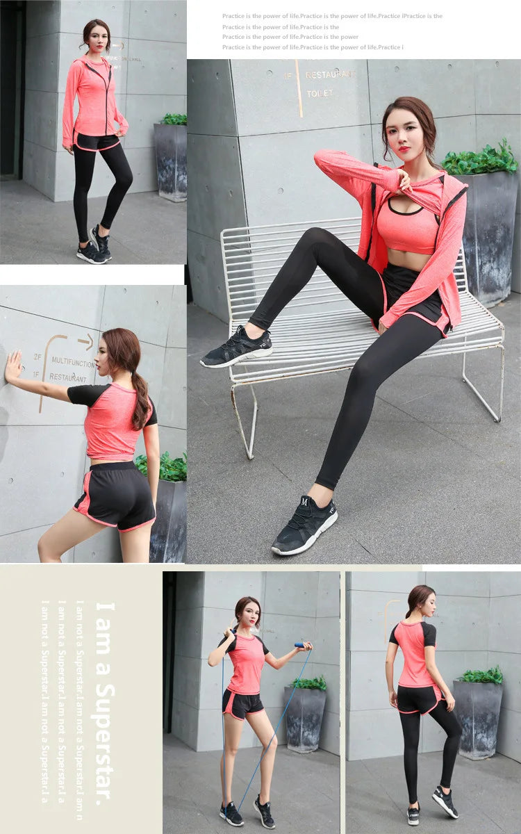 Quick dry women yoga clothing hooded coats+t shirt+bra+shorts+pants sets women autumn outdoor running sportswear gym Suits
