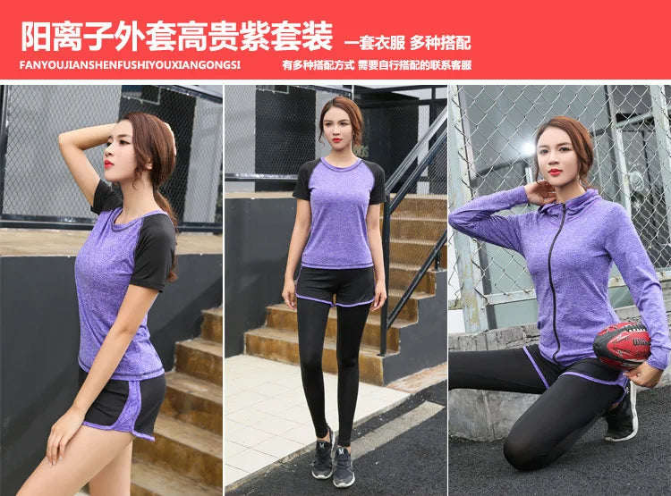 Quick dry women yoga clothing hooded coats+t shirt+bra+shorts+pants sets women autumn outdoor running sportswear gym Suits