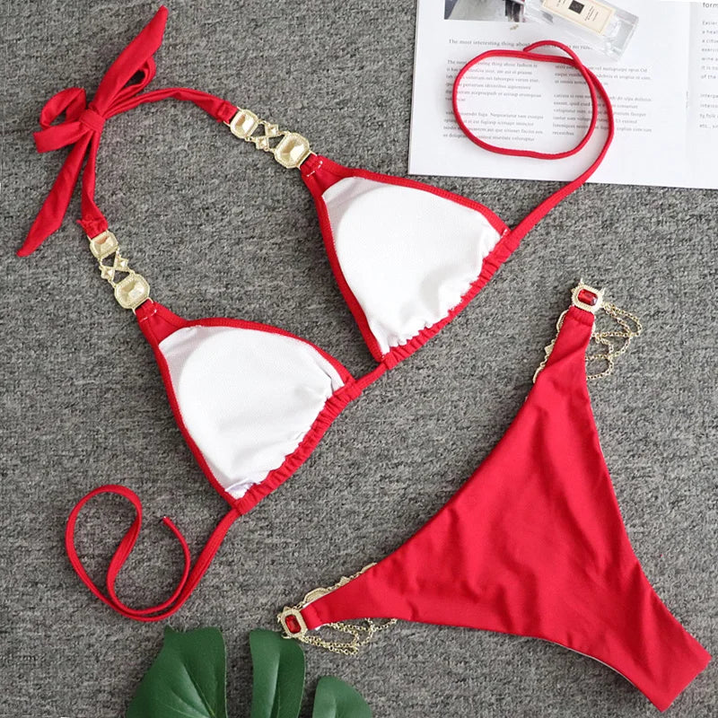 Halter Metal Chains Rhinestone Diamond Bikini Women Swimsuit Female Swimwear Two Pieces Bikini set Brazilian Bathing Suit Swim
