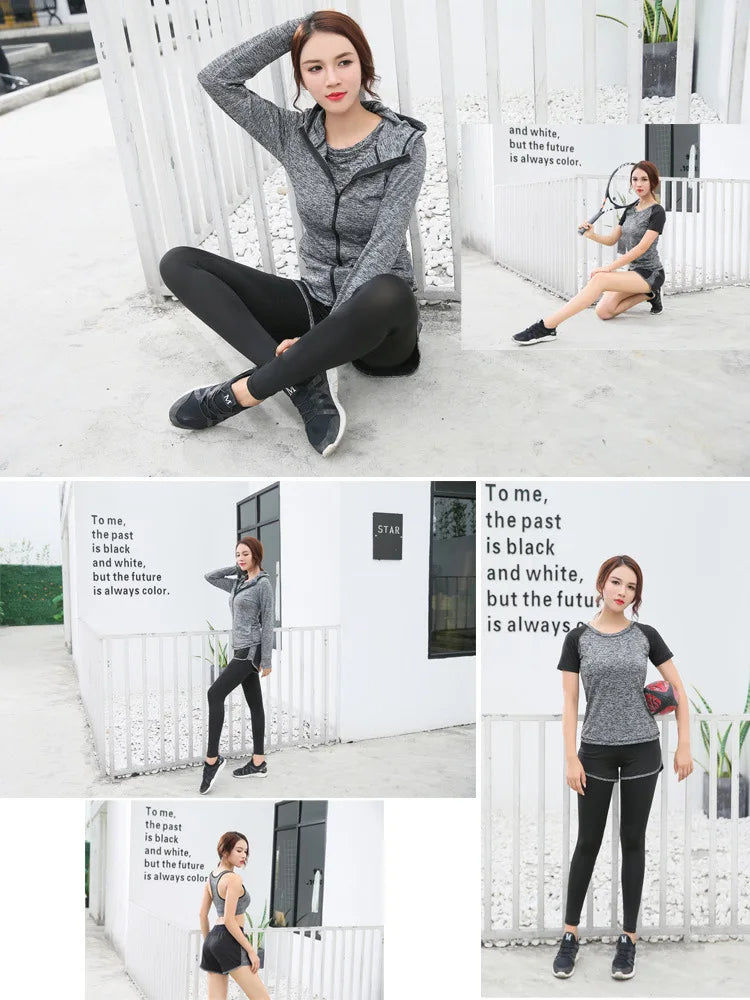 Quick dry women yoga clothing hooded coats+t shirt+bra+shorts+pants sets women autumn outdoor running sportswear gym Suits