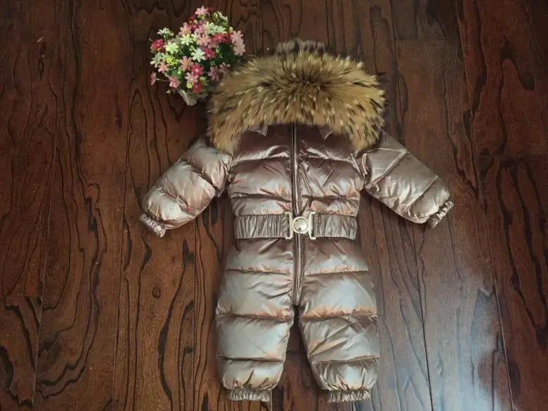 Russian Winter Boys Girls 1-5Y Winter Overalls Baby Rompers Duck Down Jumpsuit Real Fur Collar Children Outerwear Kids Snowsuit