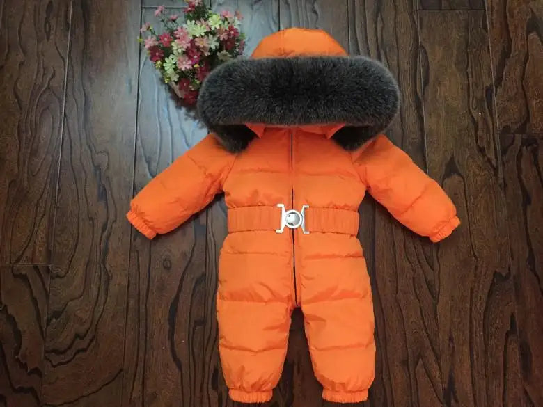 Russian Winter Boys Girls 1-5Y Winter Overalls Baby Rompers Duck Down Jumpsuit Real Fur Collar Children Outerwear Kids Snowsuit