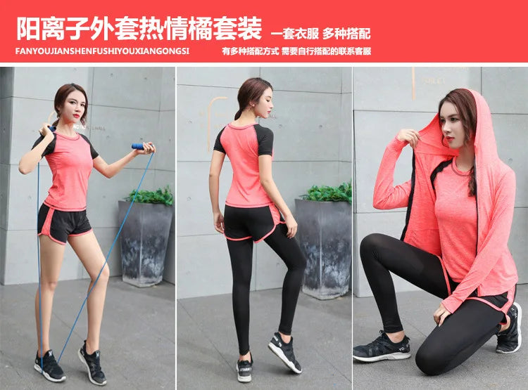 Quick dry women yoga clothing hooded coats+t shirt+bra+shorts+pants sets women autumn outdoor running sportswear gym Suits
