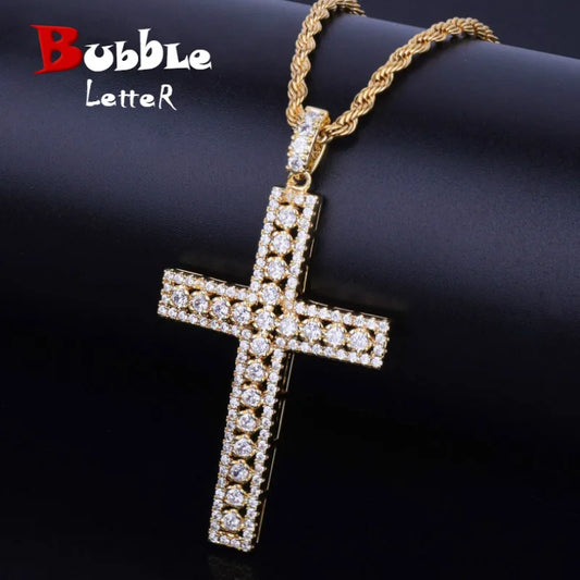 Bubble Letter Cross Necklace Pendant Gold Color Copper Material Bling Zircon Men Women Hip Hop Jewelry