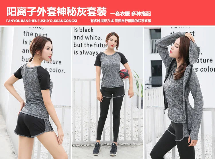 Quick dry women yoga clothing hooded coats+t shirt+bra+shorts+pants sets women autumn outdoor running sportswear gym Suits