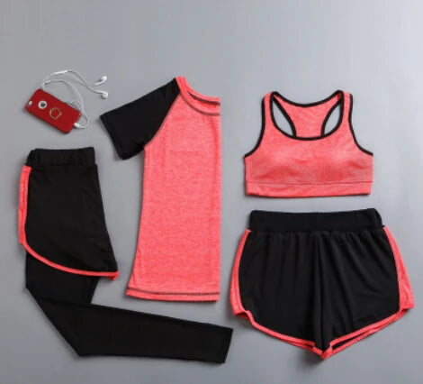 Quick dry women yoga clothing hooded coats+t shirt+bra+shorts+pants sets women autumn outdoor running sportswear gym Suits
