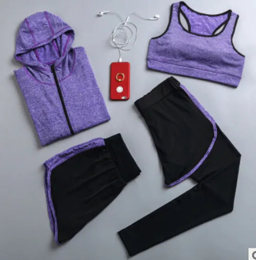 Quick dry women yoga clothing hooded coats+t shirt+bra+shorts+pants sets women autumn outdoor running sportswear gym Suits