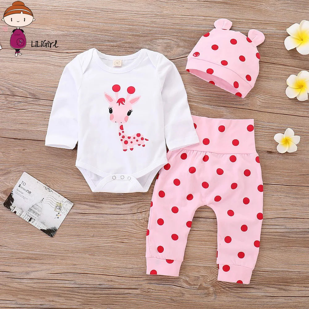 Polka Dot Newborn Baby Girl Clothes Sets Giraffe Tops Pant With Hat Infant Girls Outfits Suits