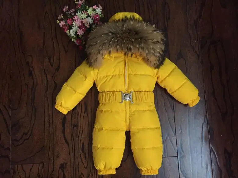 Russian Winter Boys Girls 1-5Y Winter Overalls Baby Rompers Duck Down Jumpsuit Real Fur Collar Children Outerwear Kids Snowsuit