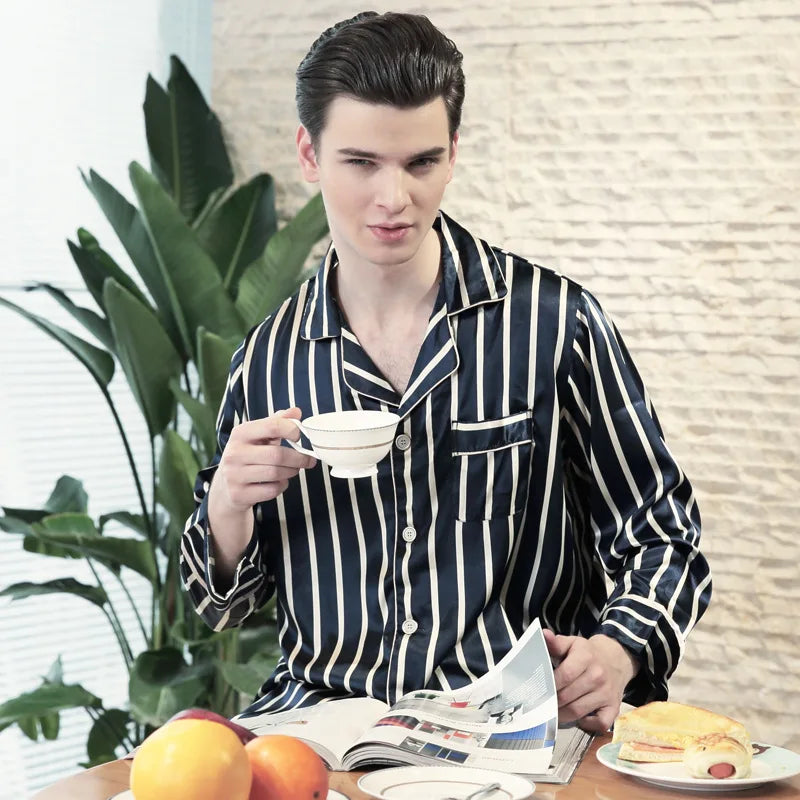 Men's Modern Style Striped Silk Satin Sleepwear Long-Sleeved Two-piece Suit Set Home Clothes All Seasons Leisure Nightwear J055