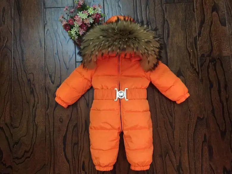 Russian Winter Boys Girls 1-5Y Winter Overalls Baby Rompers Duck Down Jumpsuit Real Fur Collar Children Outerwear Kids Snowsuit