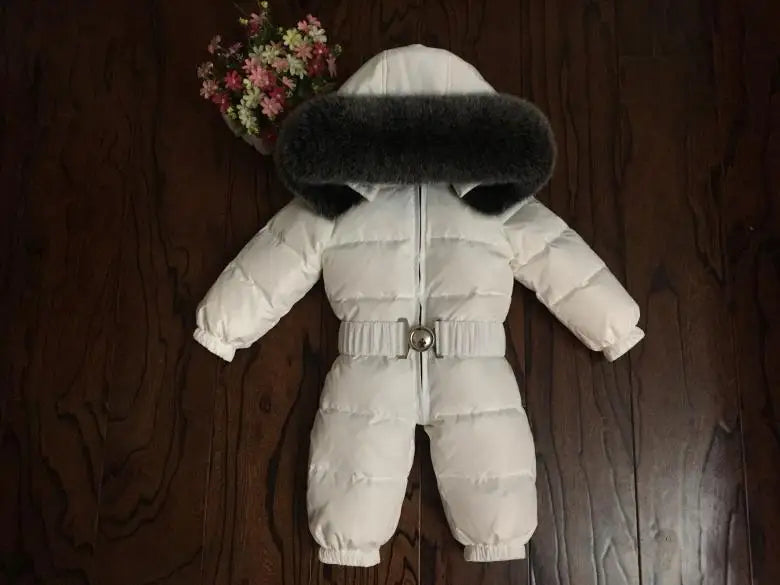 Russian Winter Boys Girls 1-5Y Winter Overalls Baby Rompers Duck Down Jumpsuit Real Fur Collar Children Outerwear Kids Snowsuit