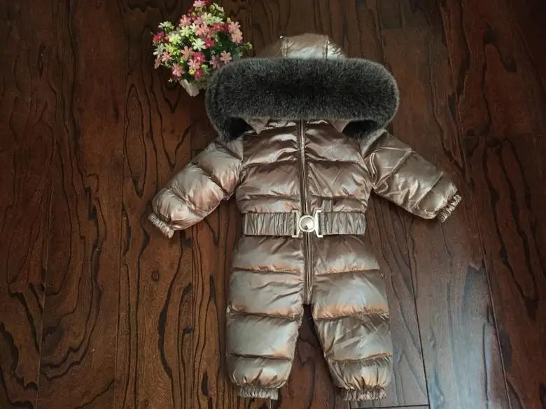 Russian Winter Boys Girls 1-5Y Winter Overalls Baby Rompers Duck Down Jumpsuit Real Fur Collar Children Outerwear Kids Snowsuit
