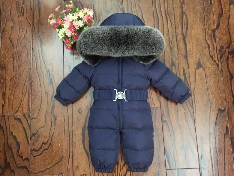 Russian Winter Boys Girls 1-5Y Winter Overalls Baby Rompers Duck Down Jumpsuit Real Fur Collar Children Outerwear Kids Snowsuit