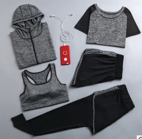 Quick dry women yoga clothing hooded coats+t shirt+bra+shorts+pants sets women autumn outdoor running sportswear gym Suits