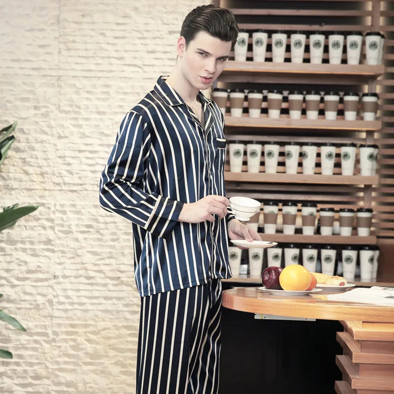 Men's Modern Style Striped Silk Satin Sleepwear Long-Sleeved Two-piece Suit Set Home Clothes All Seasons Leisure Nightwear J055