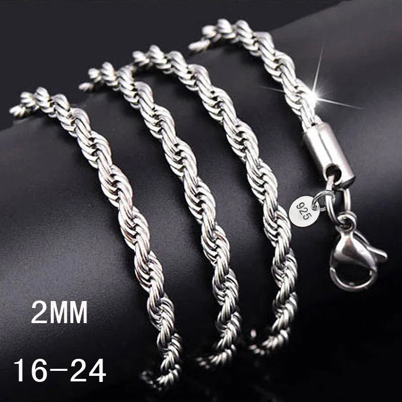 10Pcs 2-4MM Silver Plated Twist Rope Chain Necklaces With Stamped Wholesale Fashion Jewelry For Women & Men Accessories