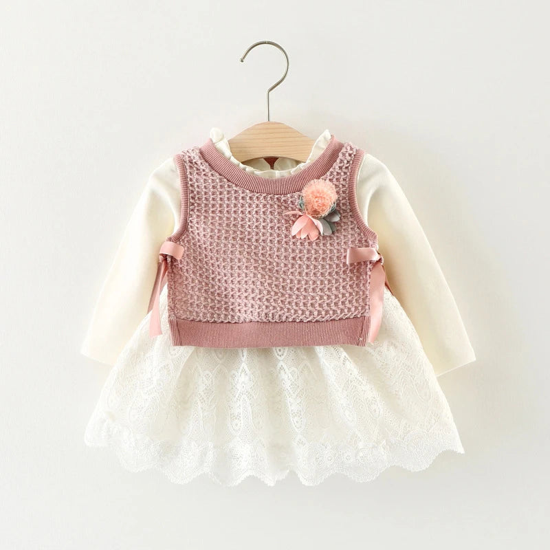 Autumn Kids Dress for Girls Long Sleeve Fake 2Pc Knitted Dresses Newborn Body Clothes Toddler Baby Clothing Costumes 0-24M