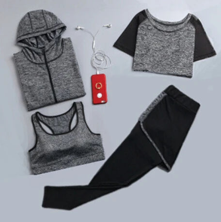 Quick dry women yoga clothing hooded coats+t shirt+bra+shorts+pants sets women autumn outdoor running sportswear gym Suits